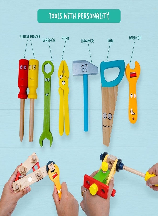 WUDLY® Wooden Tool Box Set for Kids | Montessori Construction & Building Toy with Tools, Nuts & Bolts | Pretend Play DIY Kit | Educational Gift for Boys & Girls (3+ Years) - Image 4